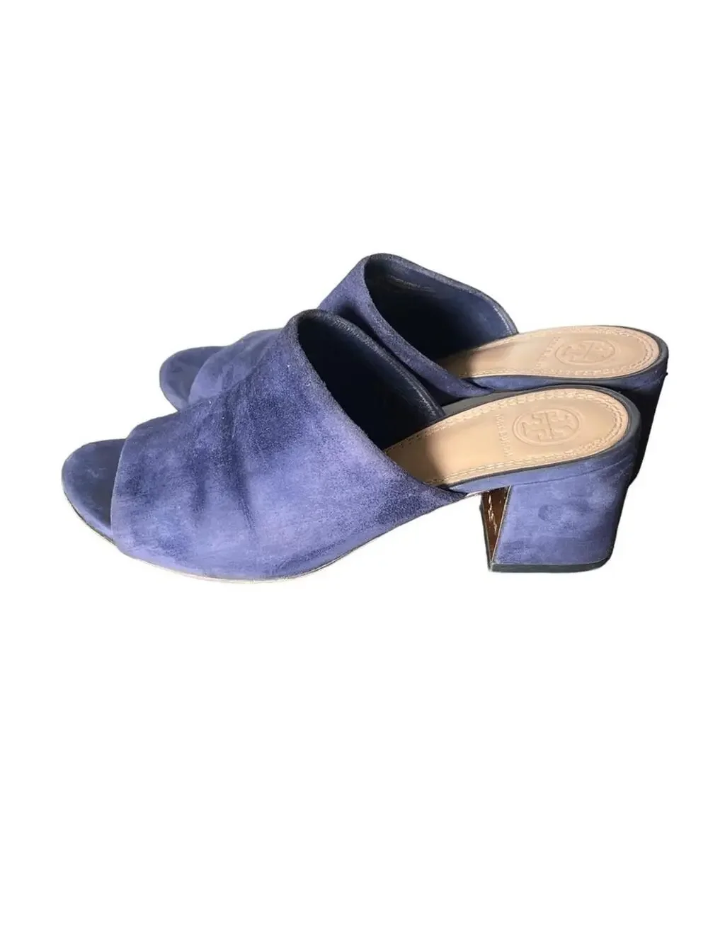 Tory Burch Salinas Navy Blue Suede Block Heel Mules 6.5